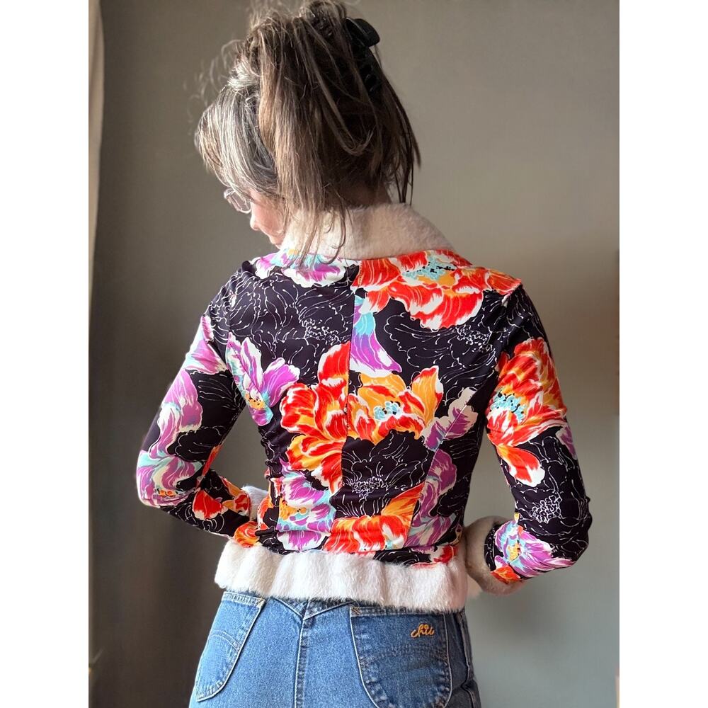 Vintage 70s Floral Faux Fur Trim Cropped Jacket | Disco Glam Bolero | M - Picture 4 of 13